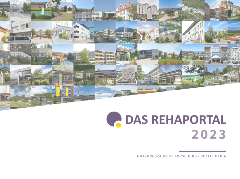 Logo DAS REHAPORTAL und eine Fotocollage von Bildern verschiedener Rehakliniken. Text "DAS REHAPORTAL 2023: Nutzungszahlen Forschung Social-Media"