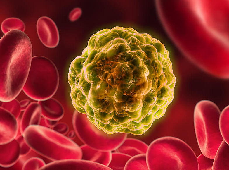 Schematische Darstellung einer Krebszelle mit Blutplättchen in der Blutbahn.