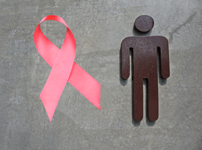 Rosa Schleife (Pink Ribbon) und Illustration einer Männerfigur als Symbolbilder für Brustkrebserkrankungen bei Männern