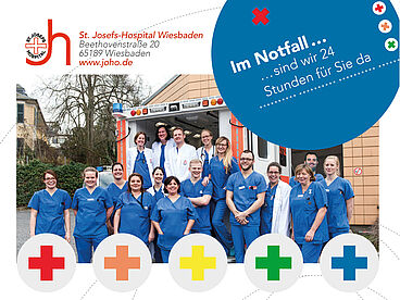 Gruppenfoto und Werbung des Notfallsteams am St. Josef Hospital