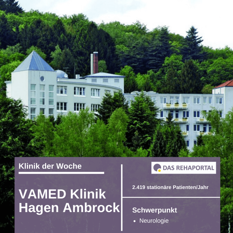 Außenansicht der VAMED Klinik Hagen Ambrock mit Daten zu Patientenzahl und Fachbereiche.